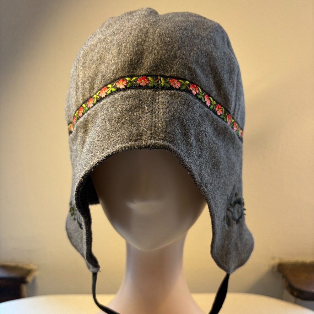 J. Crew Beanie Hat Grey Ear Flaps Wool Lined Embroidered Tassel Unisex One Size
